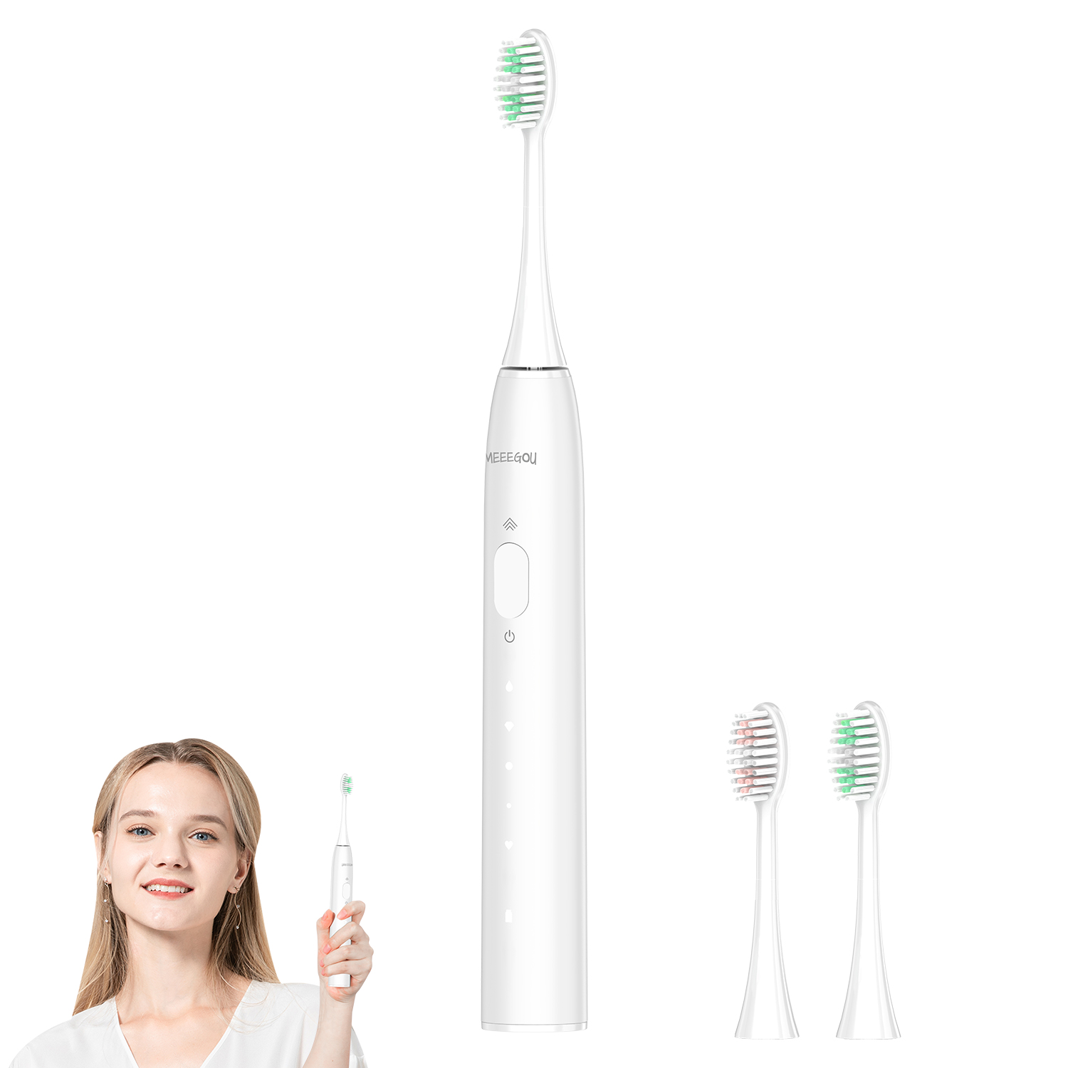 MEEEGOU Escova de dentes elétrica sônica com cabeças de escova Dupont, motor de acionamento duplo, 5 modos, 3 intensidades, uma carga para 180 dias, IPX7 para adultos e crianças - branco